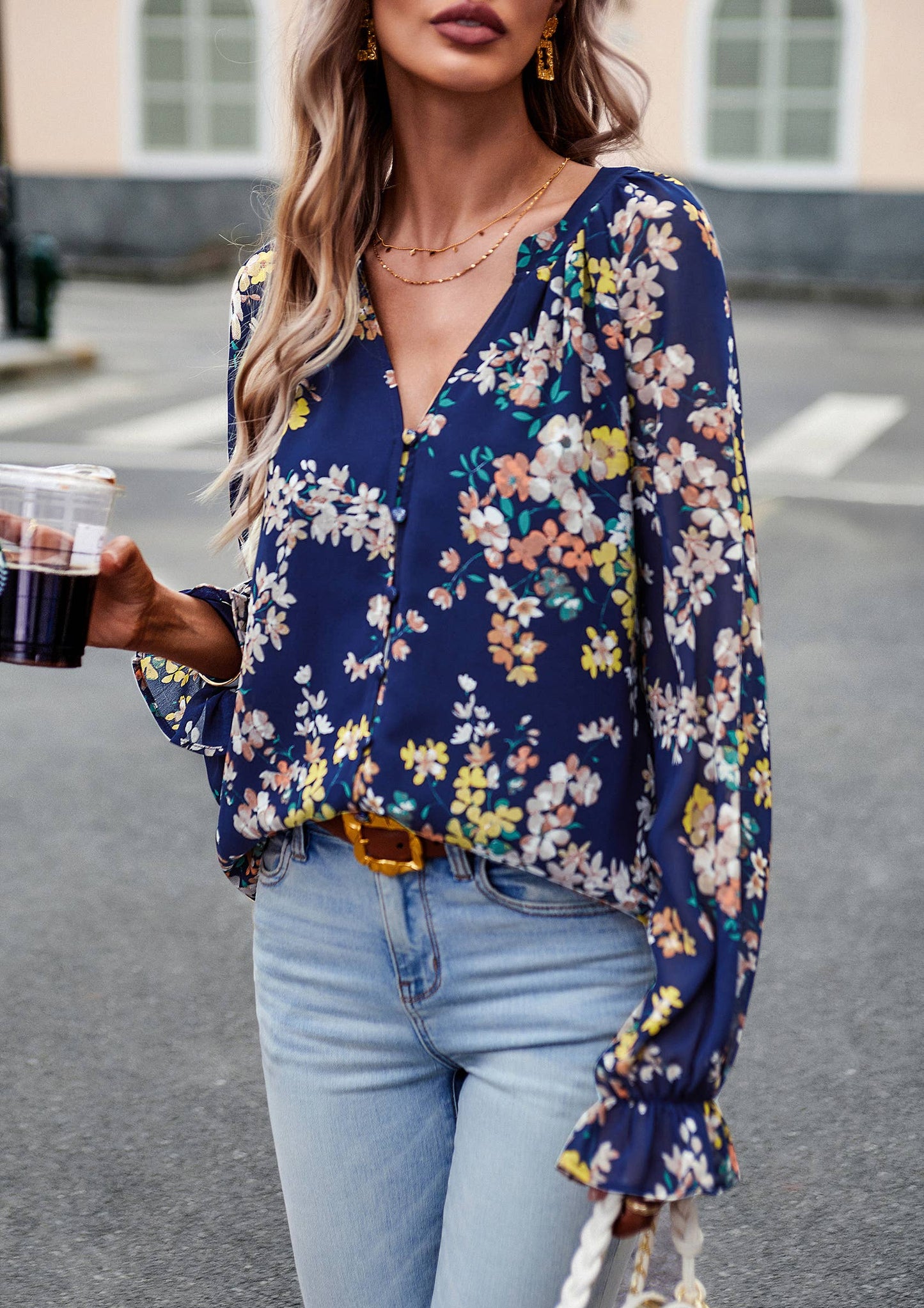 ePretty - Floral Button Down Long Sleeve Blouse SZ25-TP32012: Beige / XL