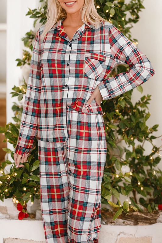 Plaid Long Sleeve Shirt and Pants Pajama Set