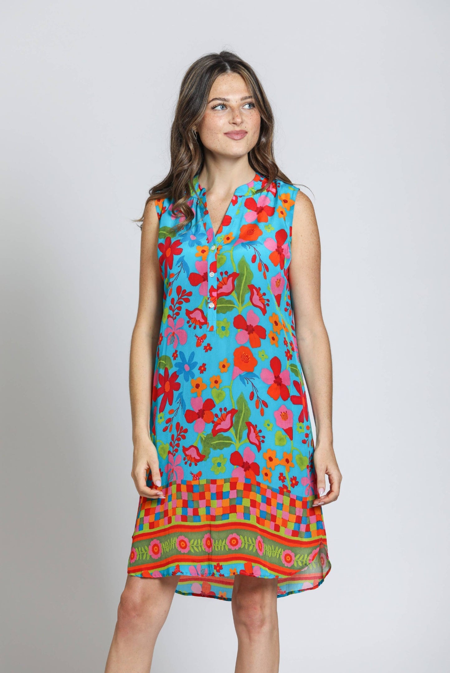 APNY - Sleeveless 1/2 Button-Up Dress - Blue Multi: Blue Multi / M