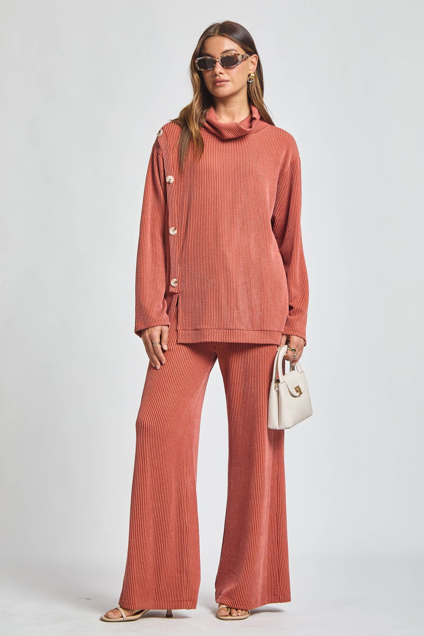 Dear Scarlett - 2-Piece Cowl Neck Ribbed Set TRVSET-LAVISH: WINE