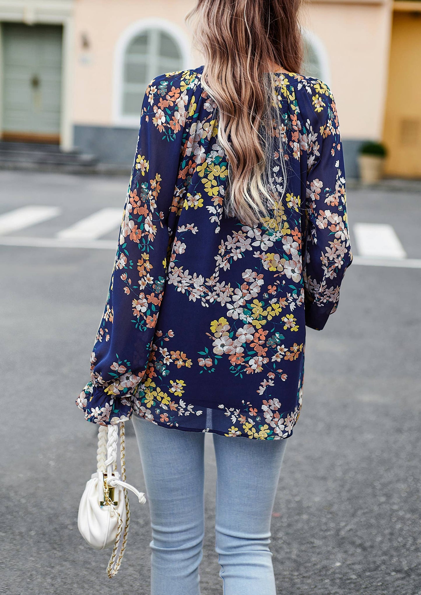 ePretty - Floral Button Down Long Sleeve Blouse SZ25-TP32012: Beige / L