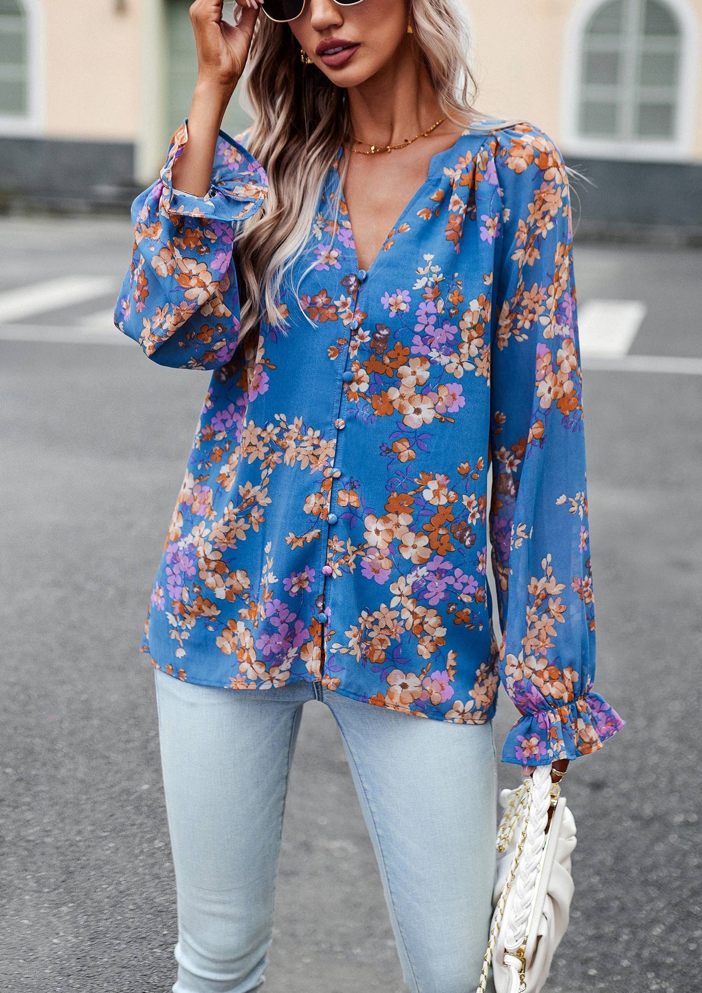 ePretty - Floral Button Down Long Sleeve Blouse SZ25-TP32012: Beige / XL