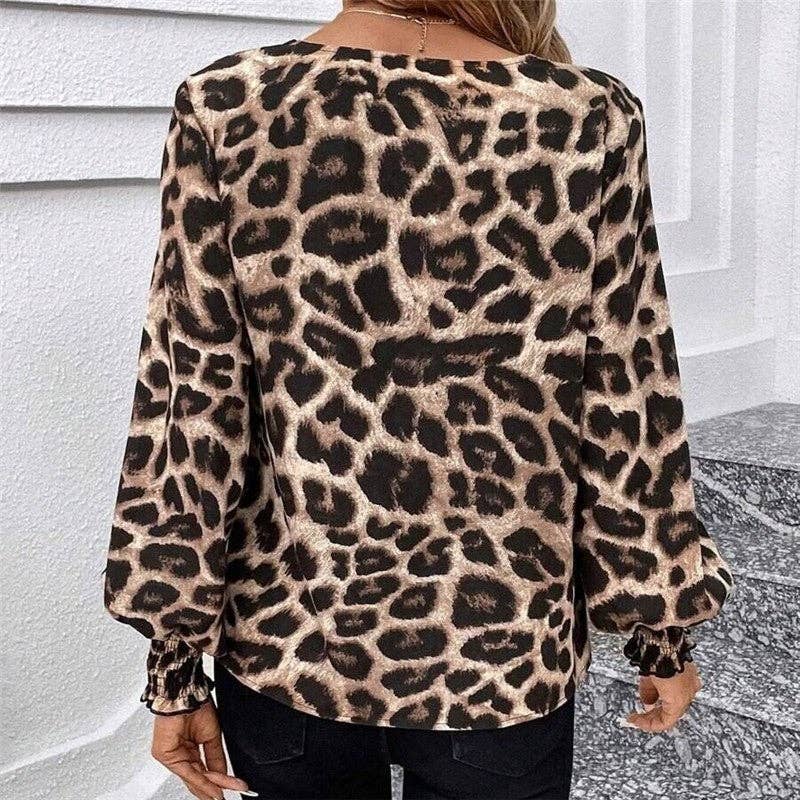 UZ Leopard V Neck Lantern Sleeve Shirt: COFFEE