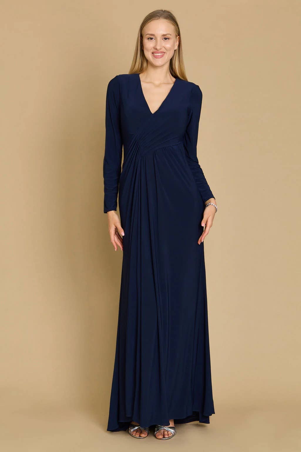 Kos Couture - Formal Stretch Evening Gown with Long Sleeves: Burgundy / XL