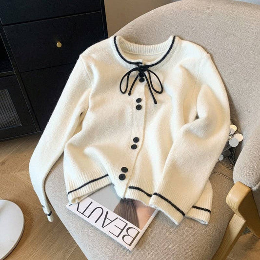 U.Z. Contrast Color Long Sleeve Crewneck Single Breasted Tied Knitted Cardigan Sweater: WHITE / One_size