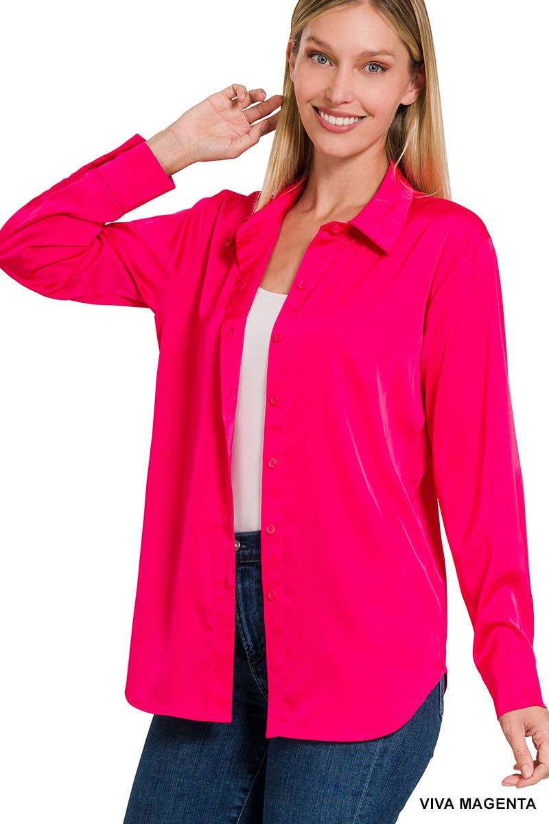42POPS - ....SI-23622 SATIN CHARMEUSE BUTTON FRONT SHIRT: RUBY-153925 / XL
