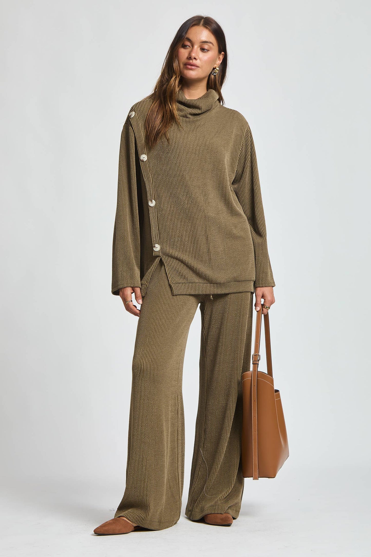 Dear Scarlett - 2-Piece Cowl Neck Ribbed Set TRVSET-LAVISH: WINE