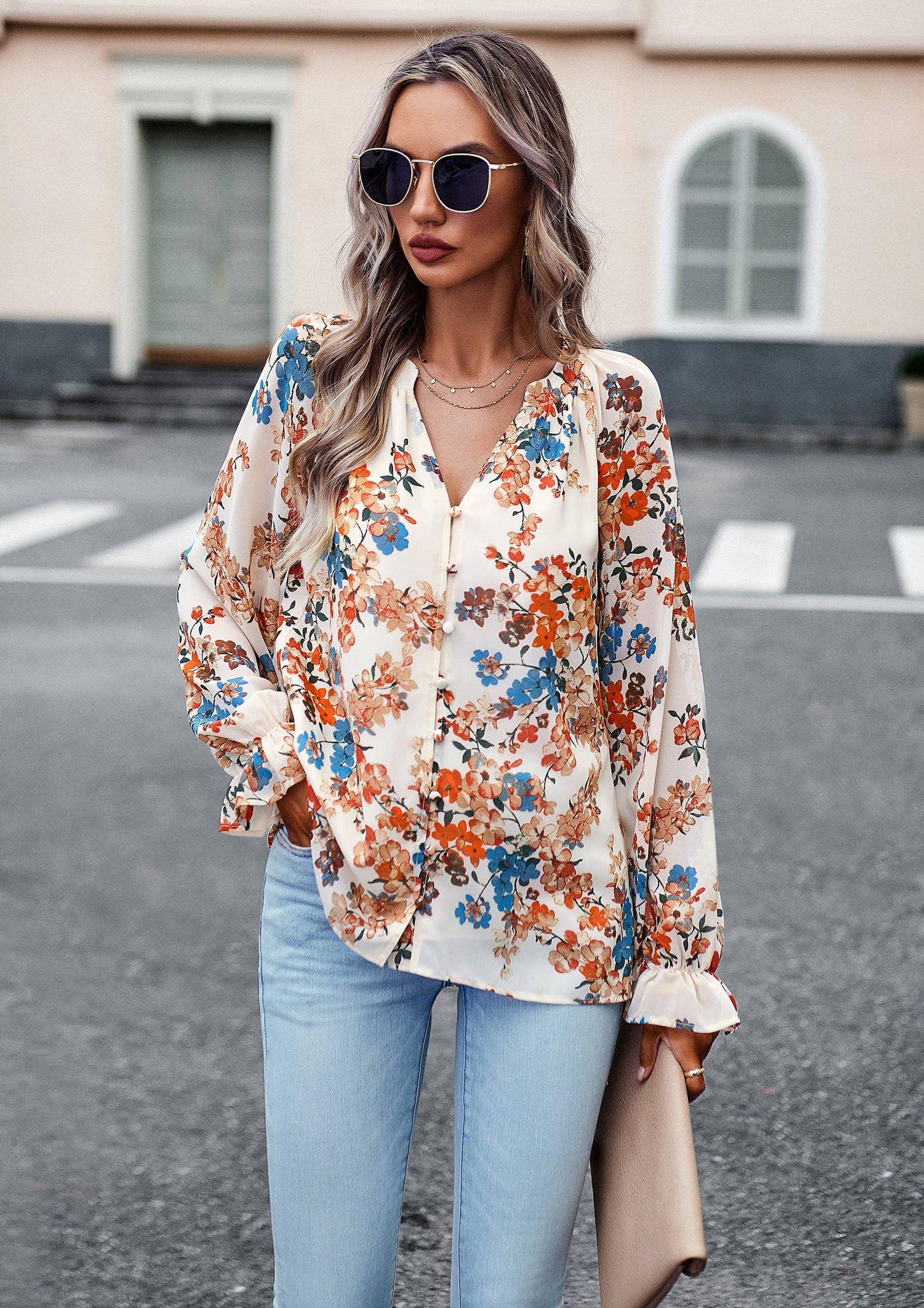 ePretty - Floral Button Down Long Sleeve Blouse SZ25-TP32012: Beige / L