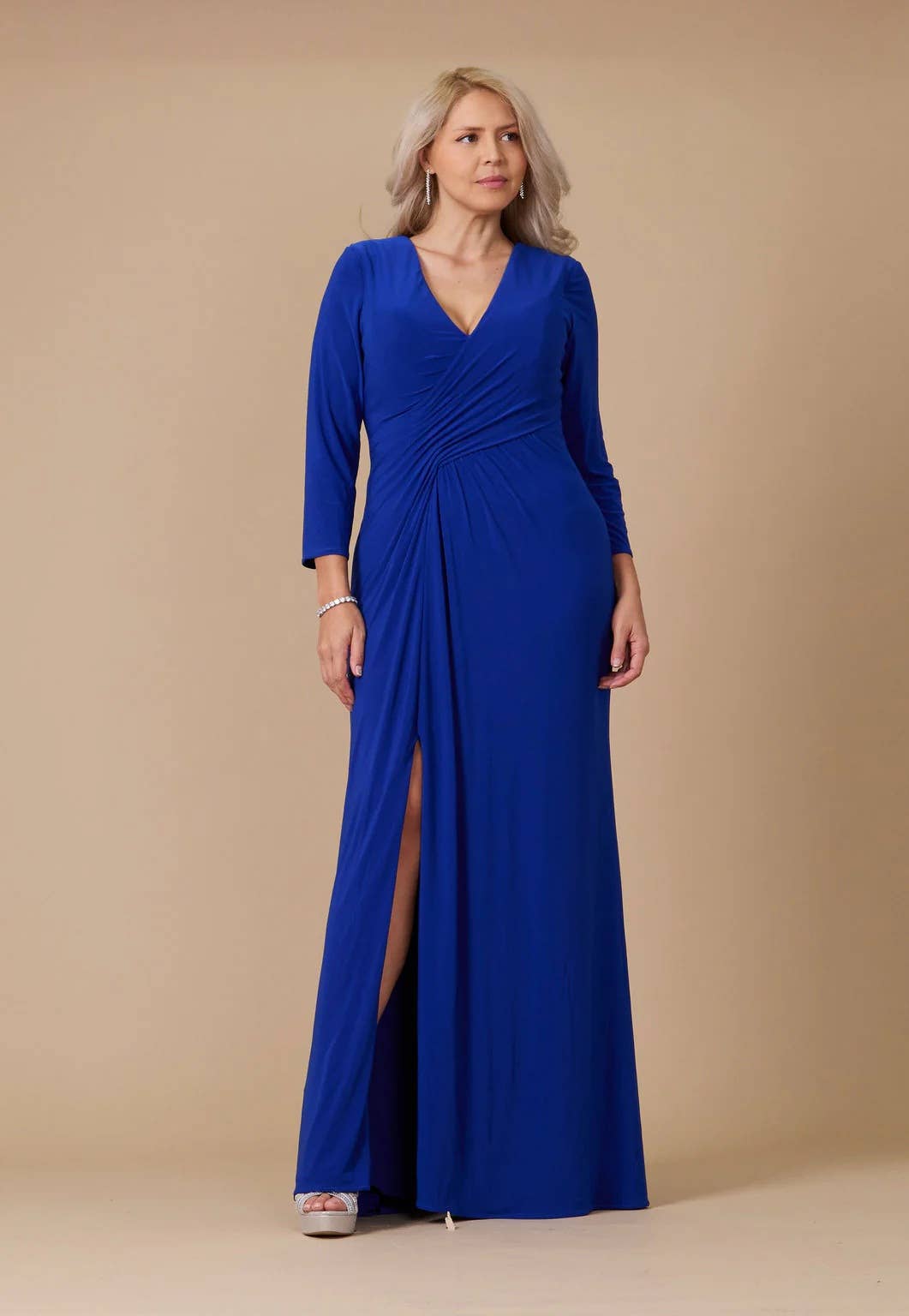 Kos Couture - Formal Stretch Evening Gown with Long Sleeves: Burgundy / 2XL