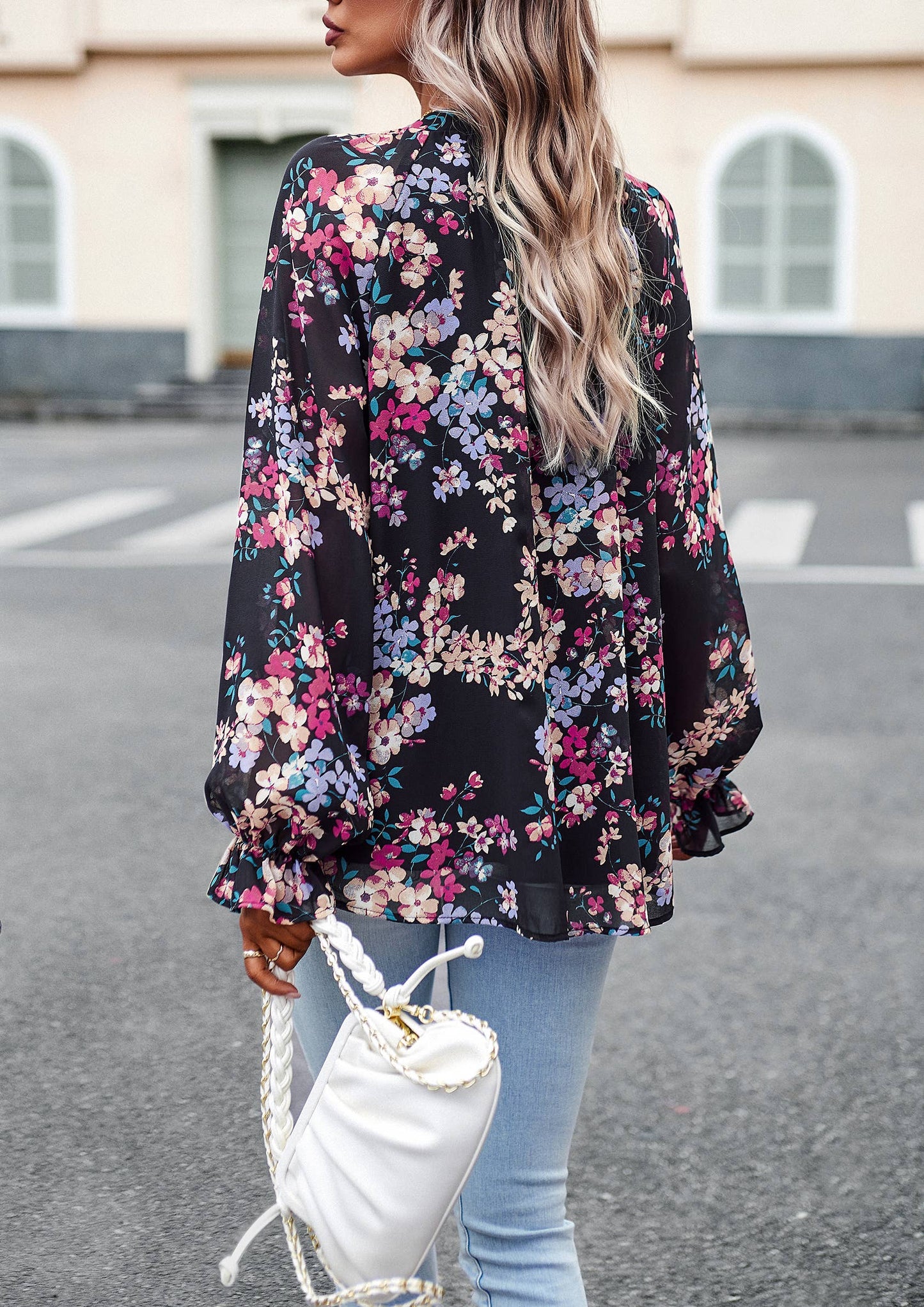 ePretty - Floral Button Down Long Sleeve Blouse SZ25-TP32012: Beige / XL