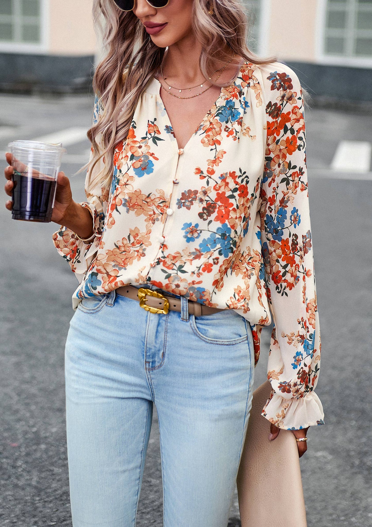 ePretty - Floral Button Down Long Sleeve Blouse SZ25-TP32012: Beige / XL