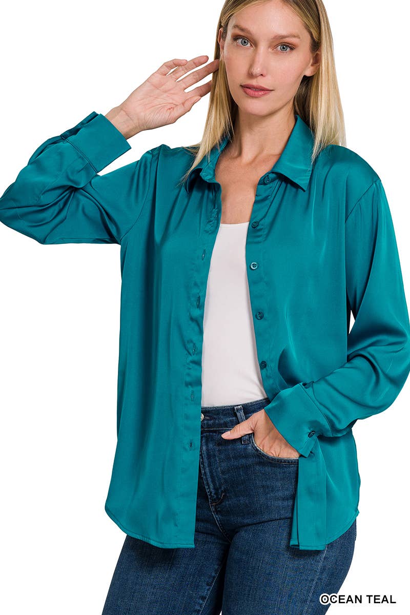 42POPS - ....SI-23622 SATIN CHARMEUSE BUTTON FRONT SHIRT: RUBY-153925 / XL