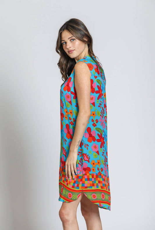 APNY - Sleeveless 1/2 Button-Up Dress - Blue Multi: Blue Multi / L