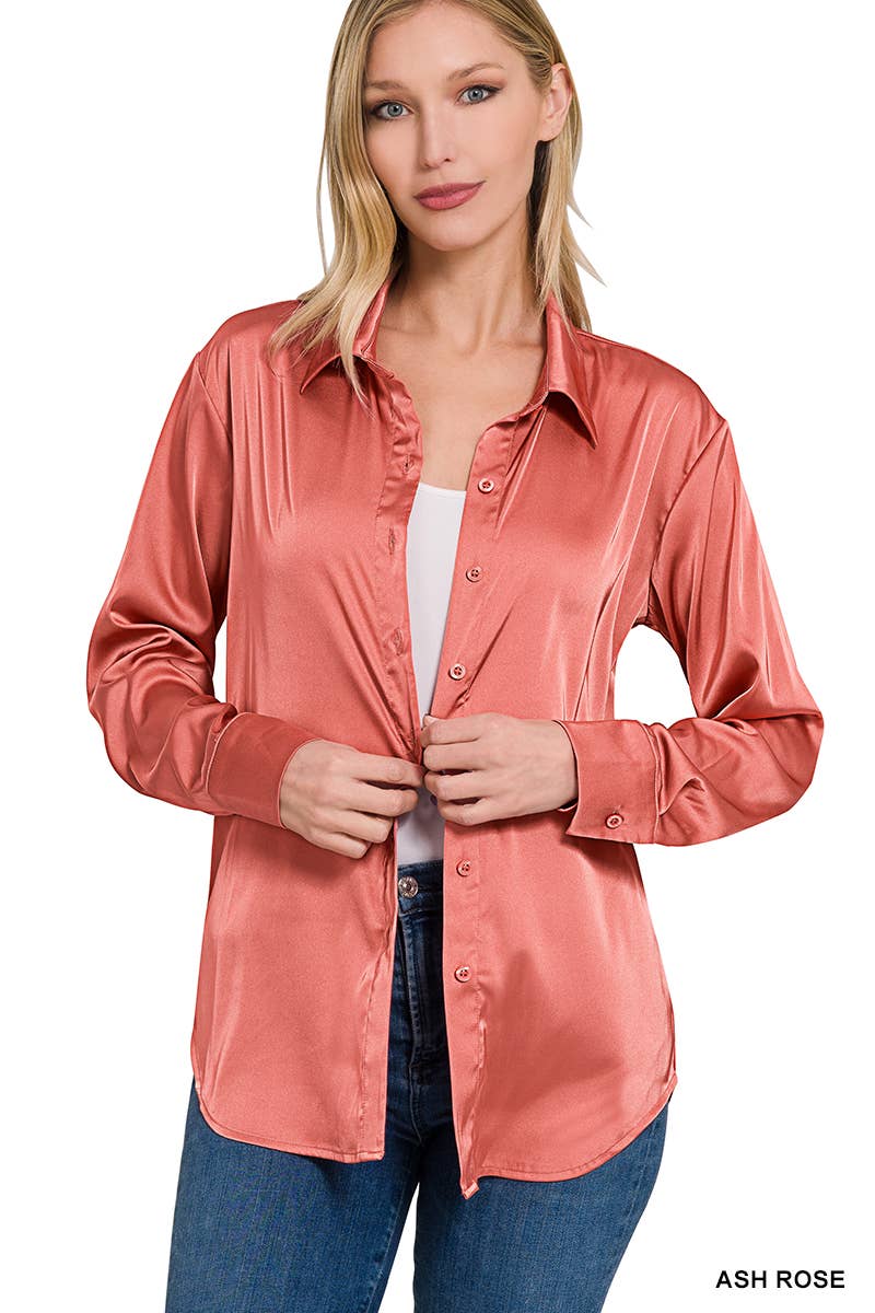 42POPS - ....SI-23622 SATIN CHARMEUSE BUTTON FRONT SHIRT: RUBY-153925 / XL