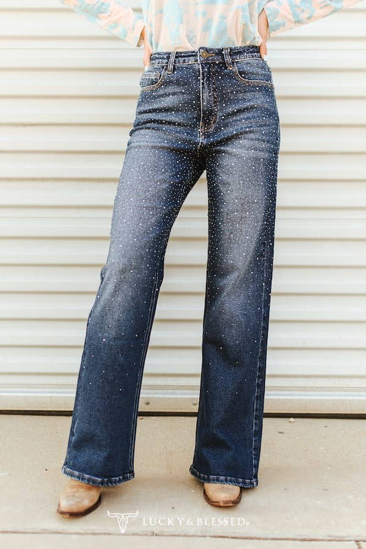 LUCKY & BLESSED - Mid Wash Studded Mid Rise Western Flare Jeans: 14