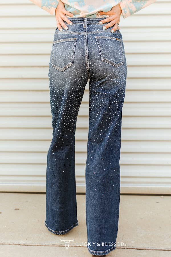 LUCKY & BLESSED - Plus Size Mid Wash Studded Mid Rise Western Flare Jeans: 20