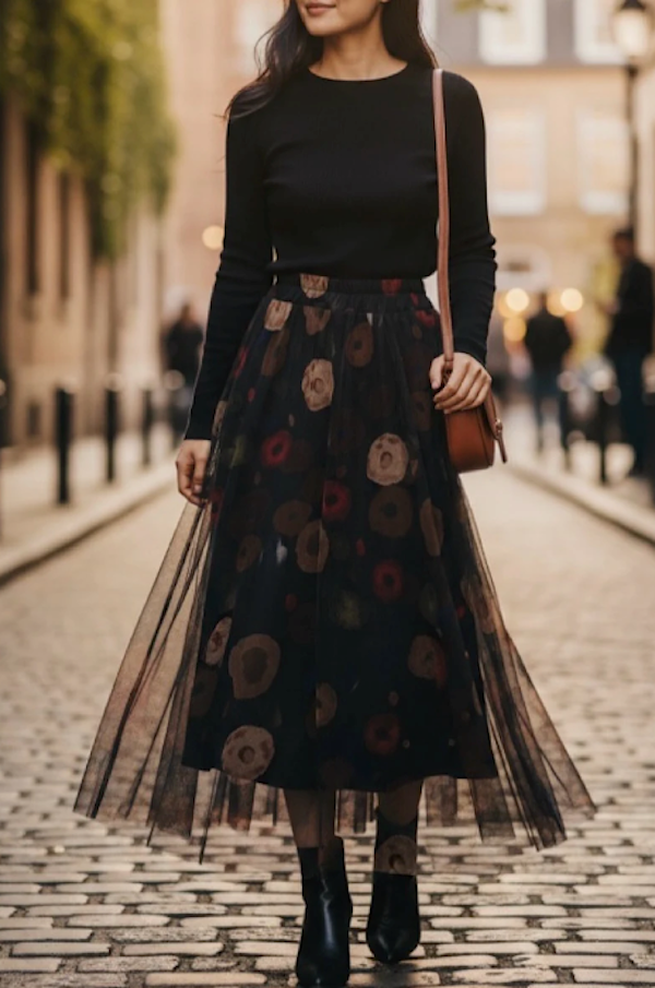 LOOWIE - ELFMSB Italian One Size Ethereal Floral Tulle Midi Skirt