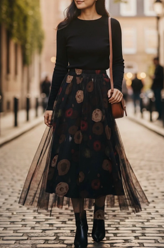 LOOWIE - ELFMSB Italian One Size Ethereal Floral Tulle Midi Skirt