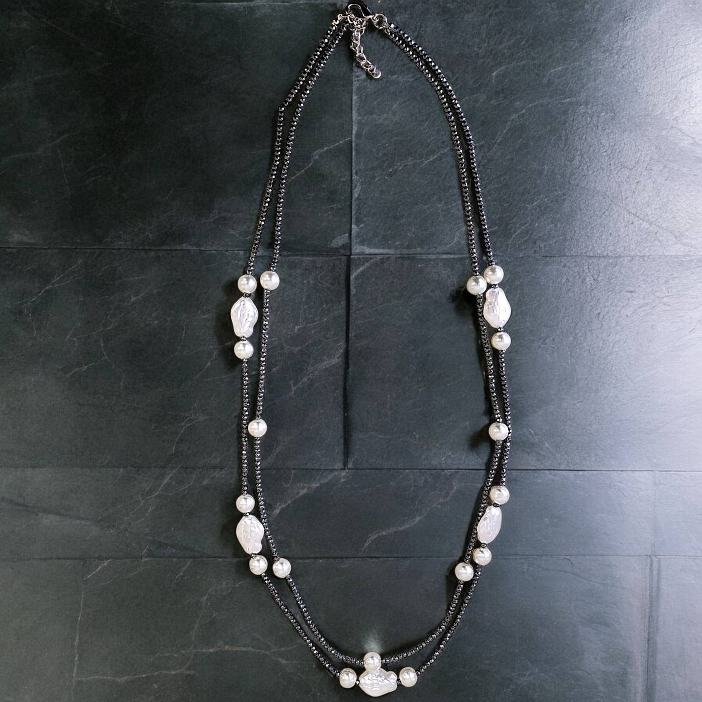 Bijoux Envie Statement Jewelry - Silver Necklace | Pearl Necklace | Hematite | Long | Fall
