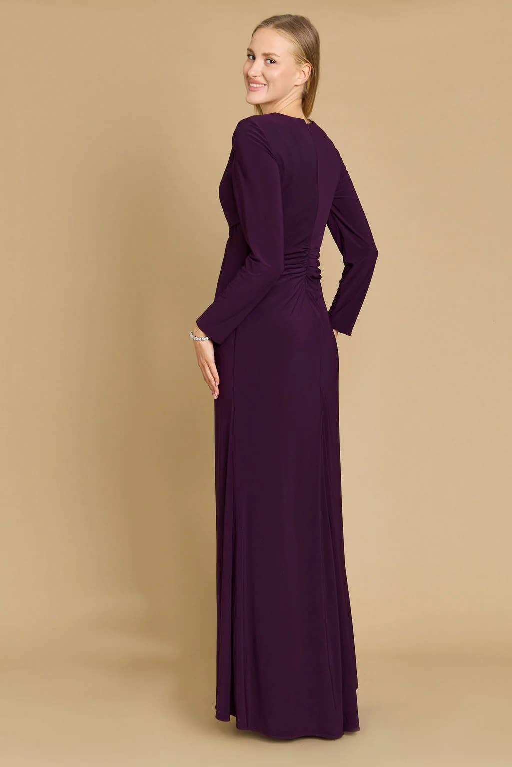Kos Couture - Formal Stretch Evening Gown with Long Sleeves: Burgundy / XL