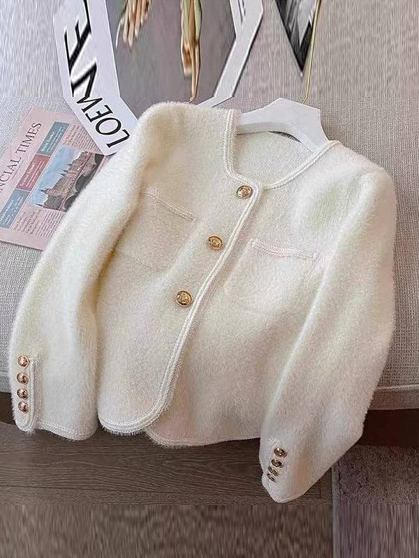 UZ Wholesale Store - Buttoned Velvet Long Sleeves Loose Cardigan: BEIGE / One_size