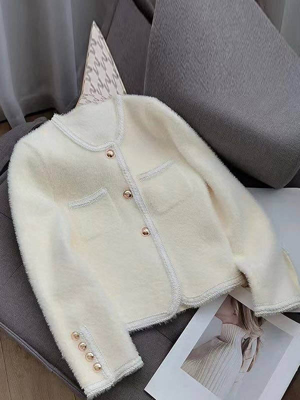 UZ Wholesale Store - Buttoned Velvet Long Sleeves Loose Cardigan: BEIGE / One_size