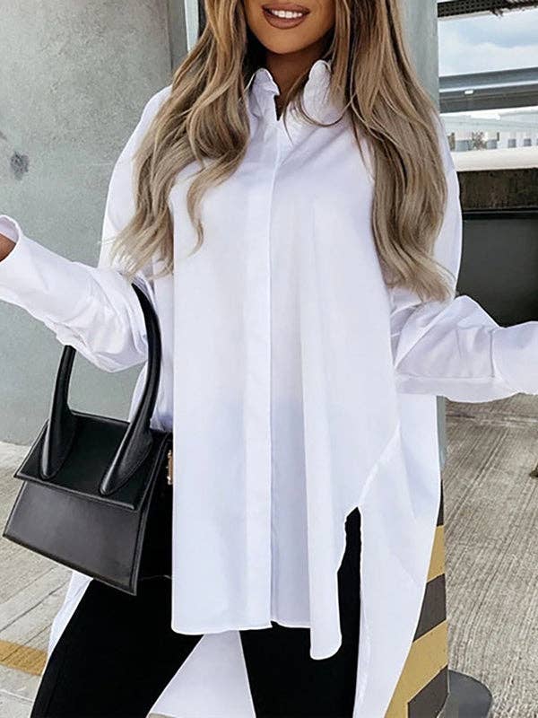 UZ Store - Casual Long Sleeves Loose Split-Side Solid Color Blouses