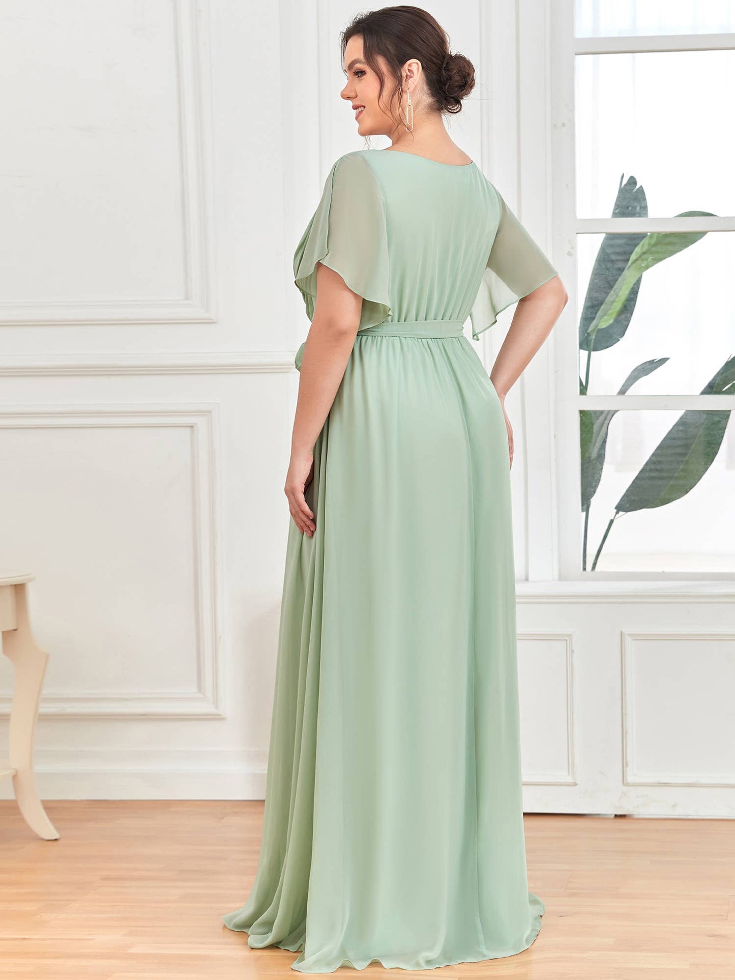Ever-Pretty - Plus Size Belted Chiffon Bridesmaid Dress: Dark Green / 24