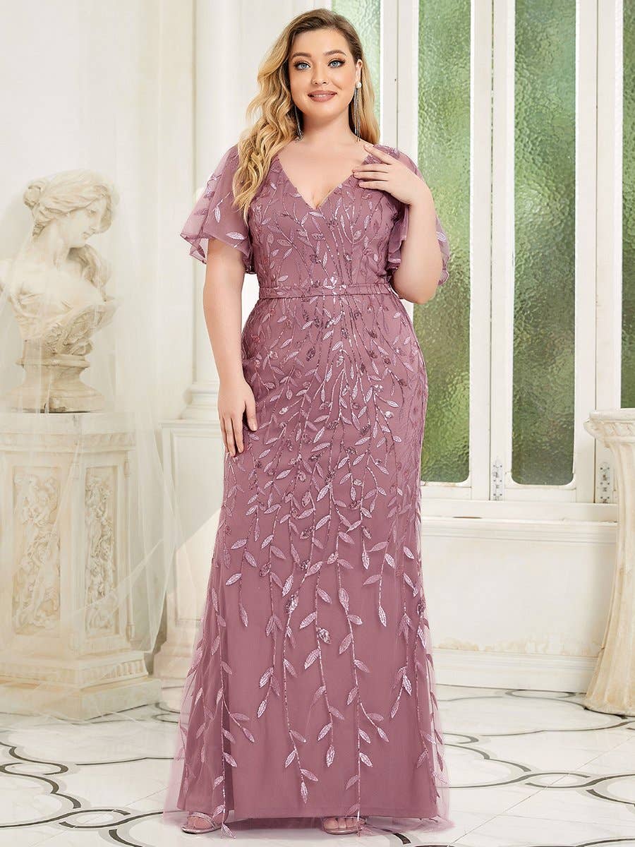 Ever-Pretty - Plus Size V Neck Mermaid Sequin & Tulle Evening Dress: Dark Green / 24