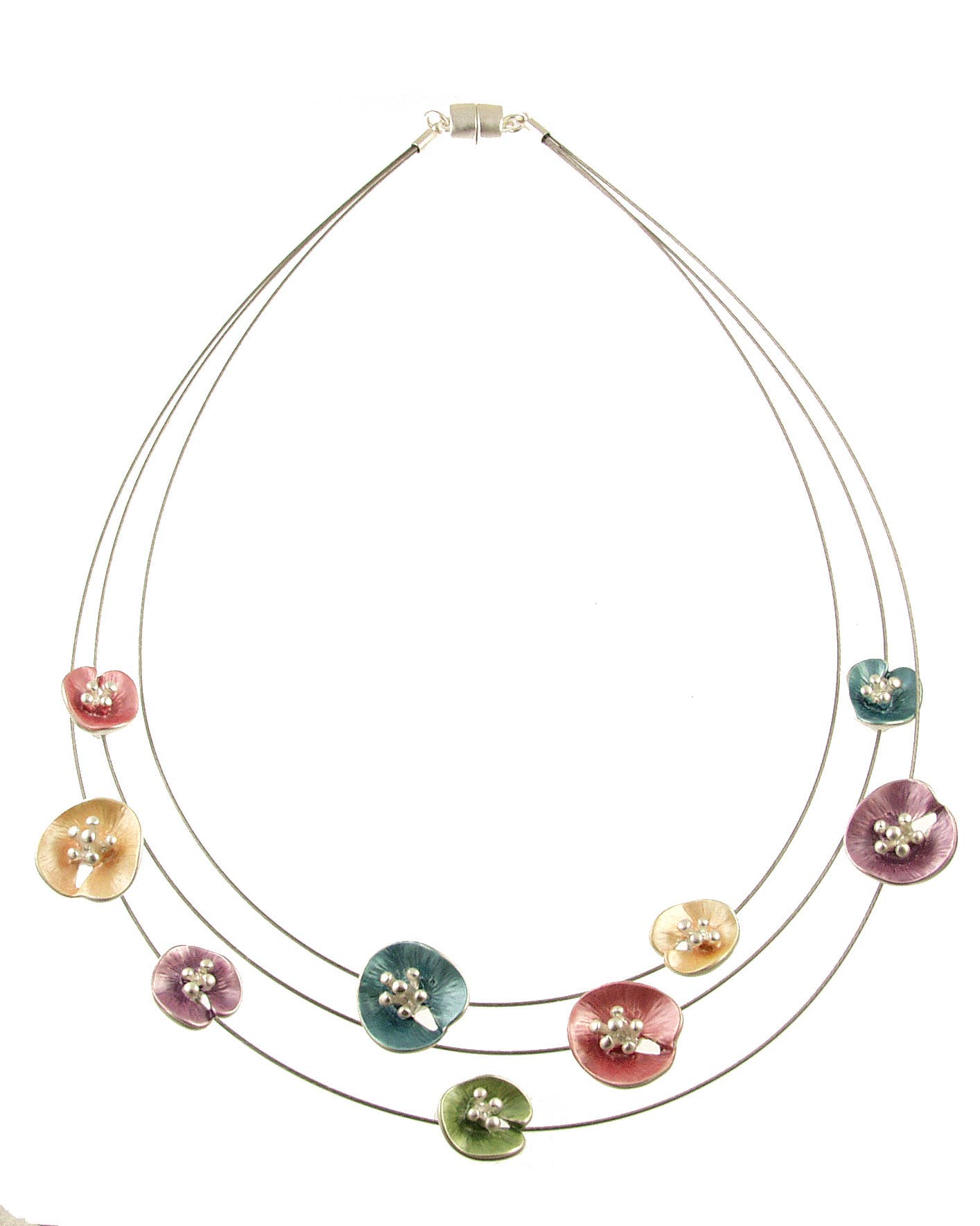 Origin Jewelry - Floral Lilypad Necklace, Three Strands, 18", Magnetic Clasp: Aqua