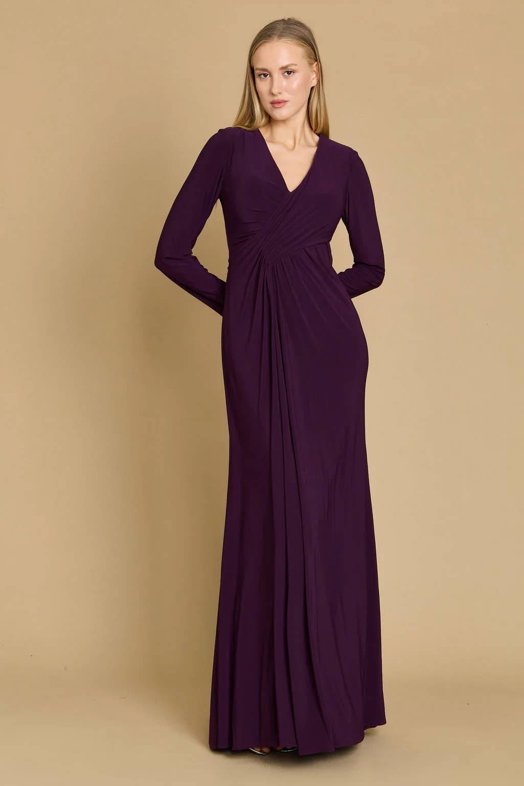 Kos Couture - Formal Stretch Evening Gown with Long Sleeves: Burgundy / 2XL