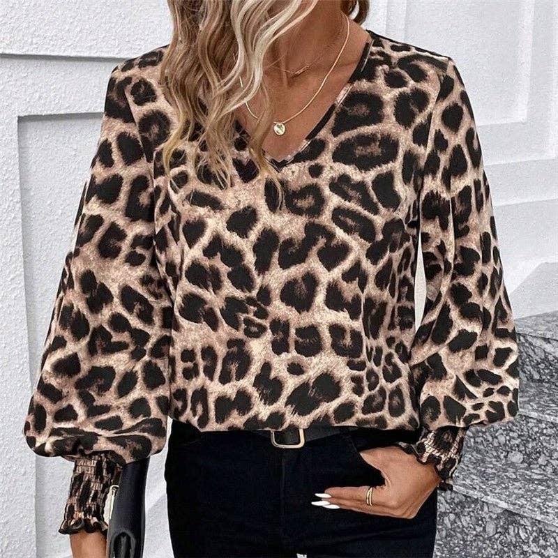 UZ Leopard V Neck Lantern Sleeve Shirt: COFFEE