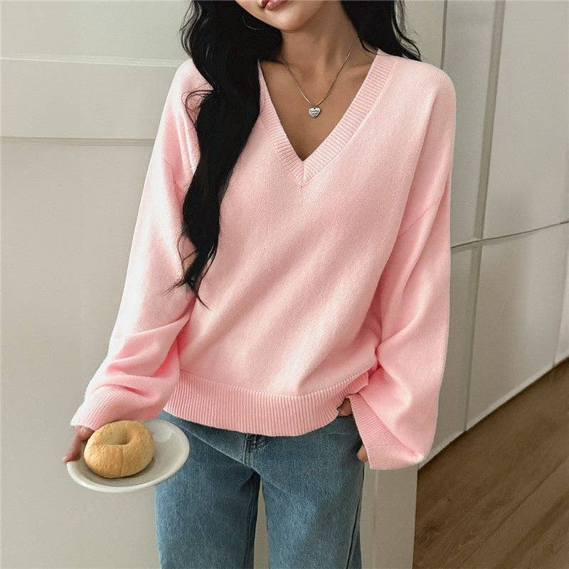 UZ V Neck Solid Color Long Sleeve Sweater: BUFF (pale yellow)