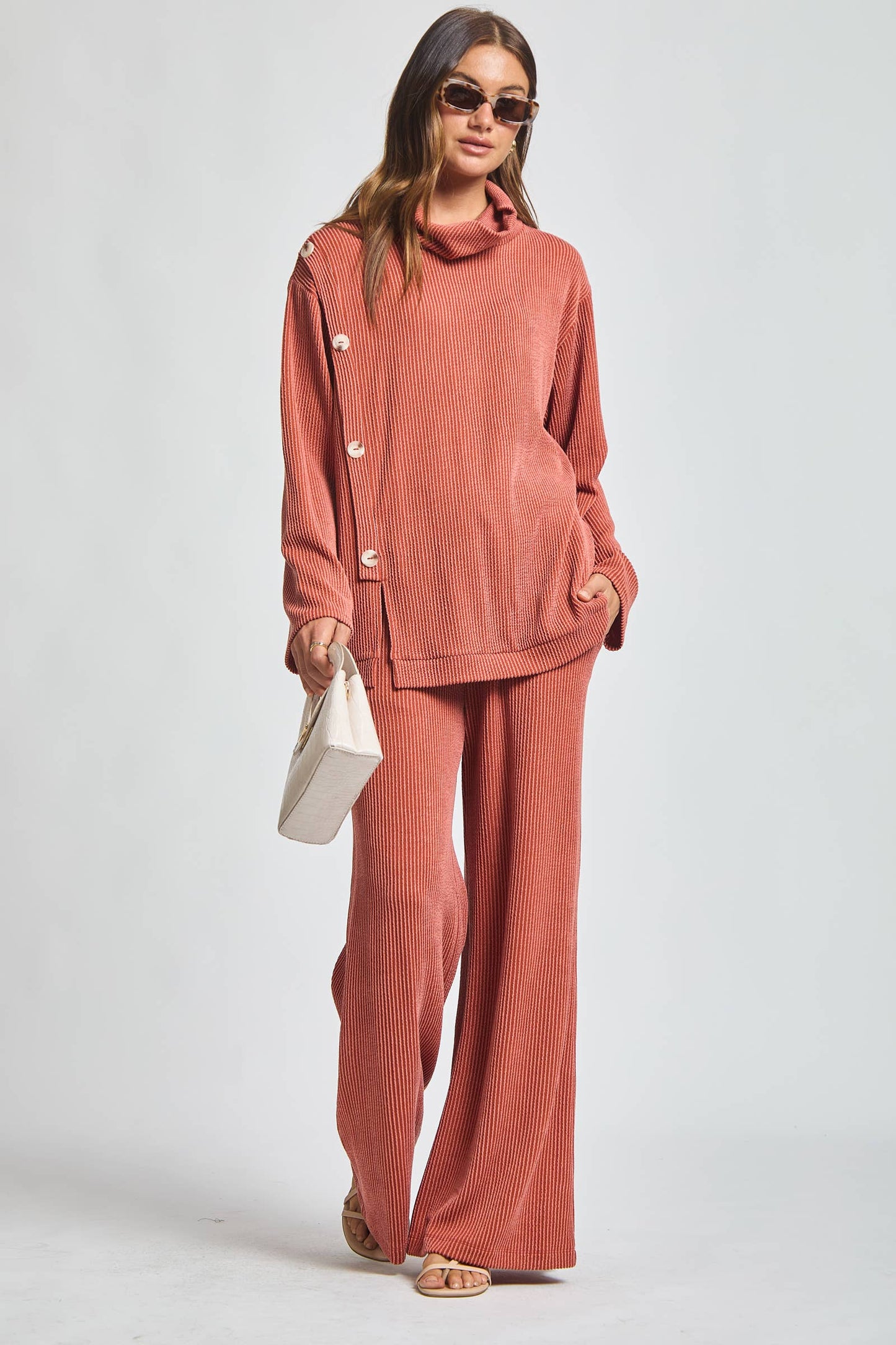 Dear Scarlett - 2-Piece Cowl Neck Ribbed Set TRVSET-LAVISH: WINE