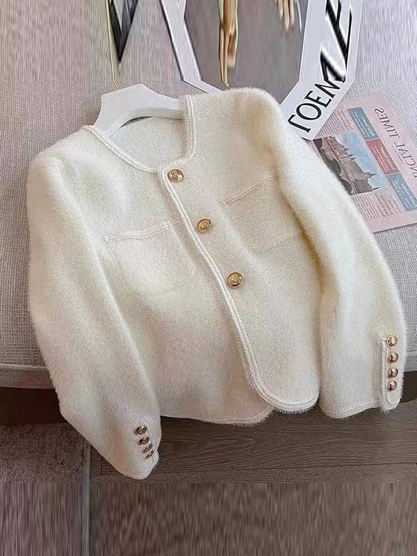 UZ Wholesale Store - Buttoned Velvet Long Sleeves Loose Cardigan: BEIGE / One_size