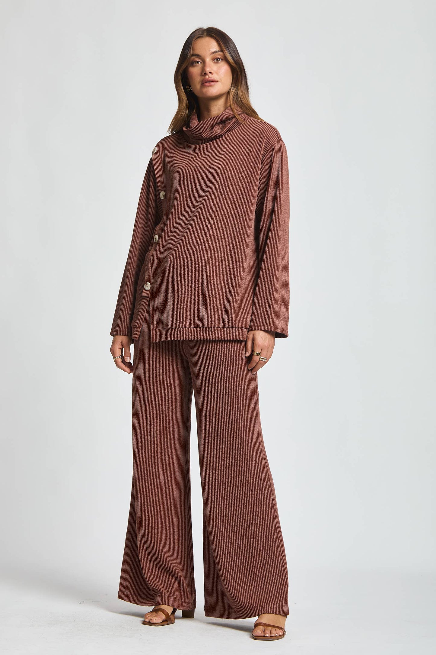 Dear Scarlett - 2-Piece Cowl Neck Ribbed Set TRVSET-LAVISH: WINE