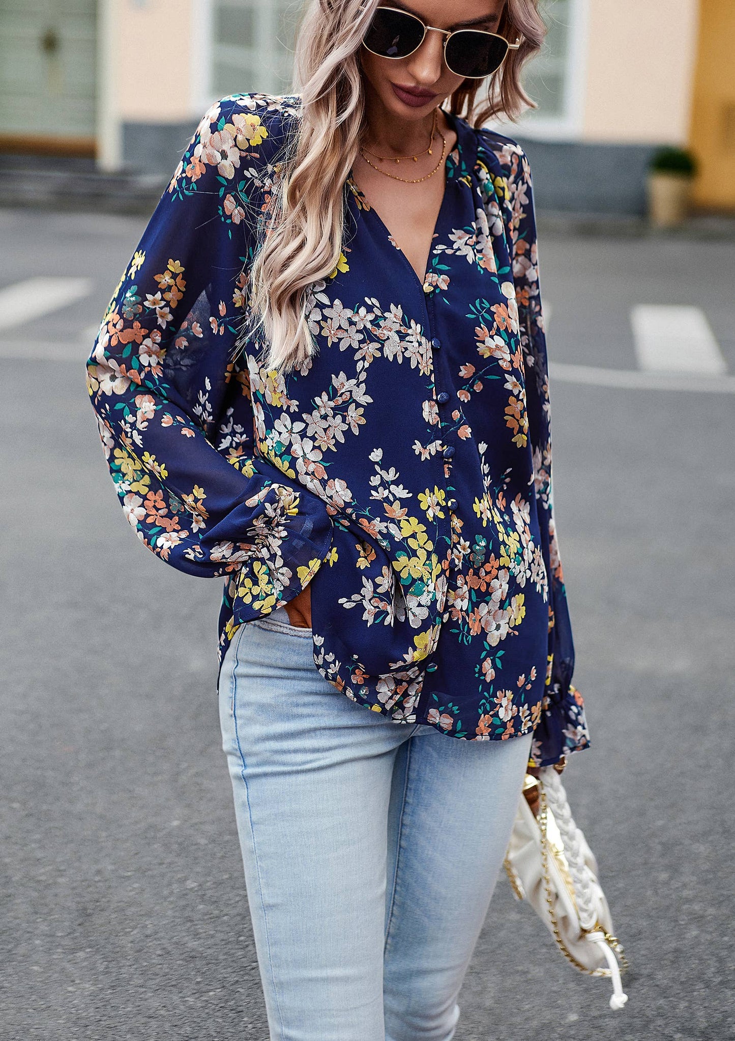 ePretty - Floral Button Down Long Sleeve Blouse SZ25-TP32012: Beige / XL