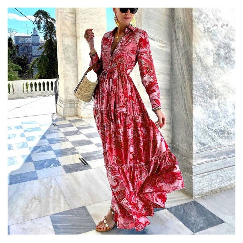 Legacy Stitchin' Elegant Lace-Up Maxi Dress with Printed Long Sleeves: BLUE / L