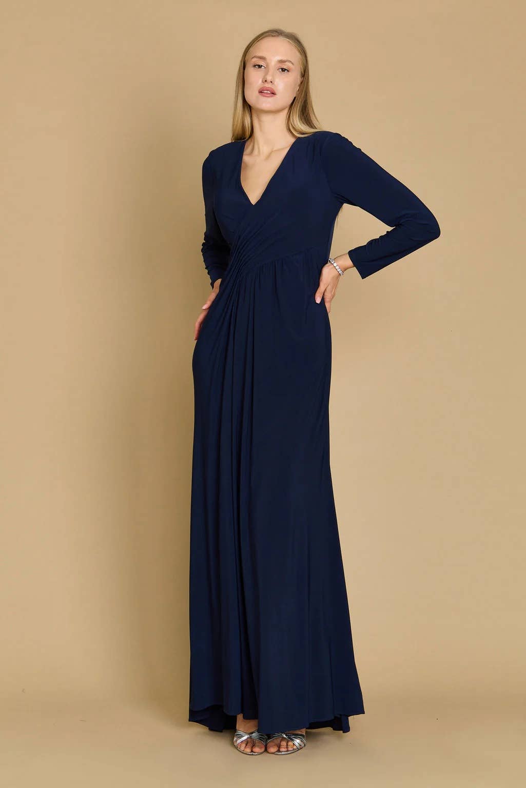 Kos Couture - Formal Stretch Evening Gown with Long Sleeves: Burgundy / XL