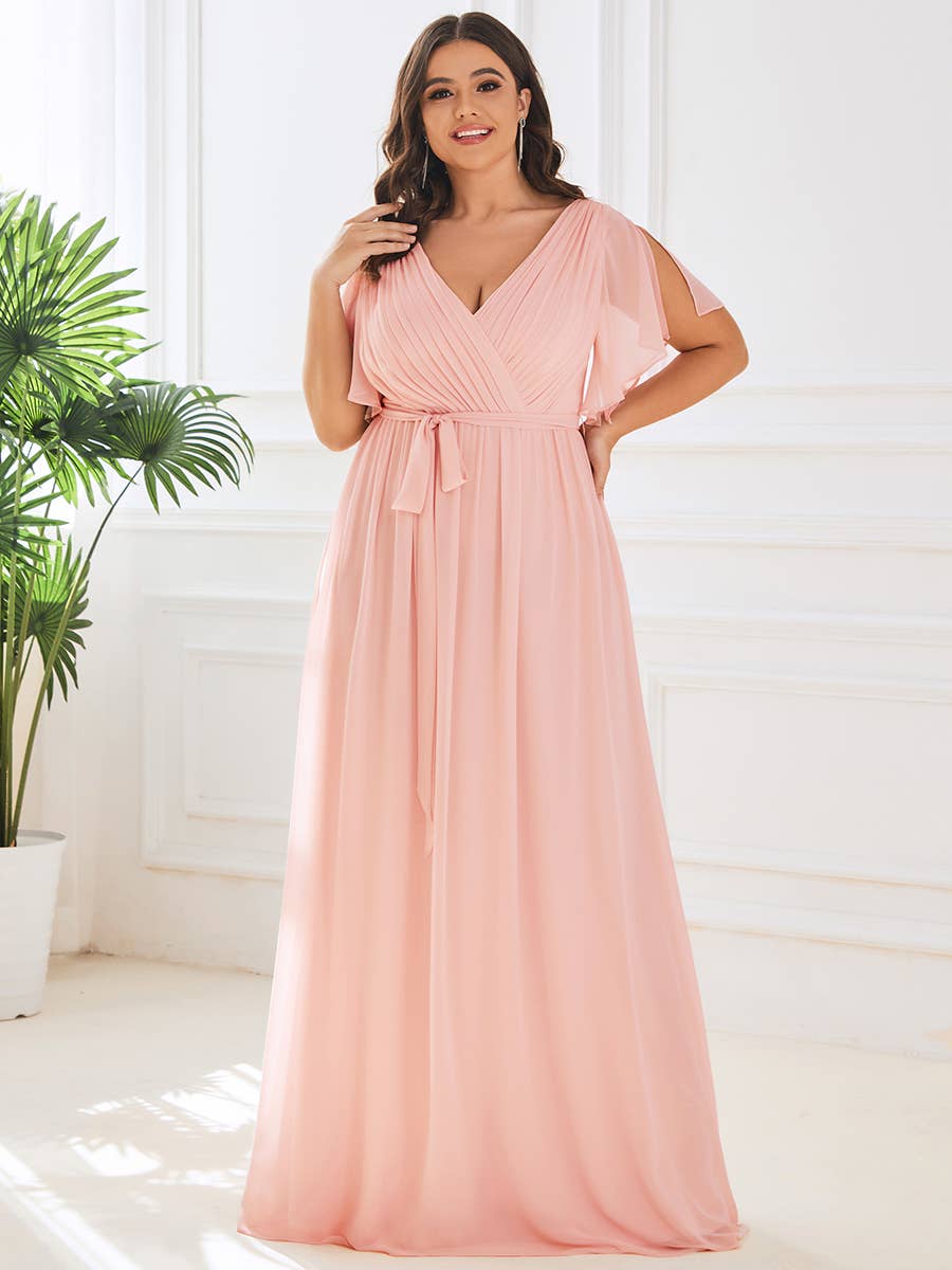 Ever-Pretty - Plus Size Belted Chiffon Bridesmaid Dress: Dark Green / 24