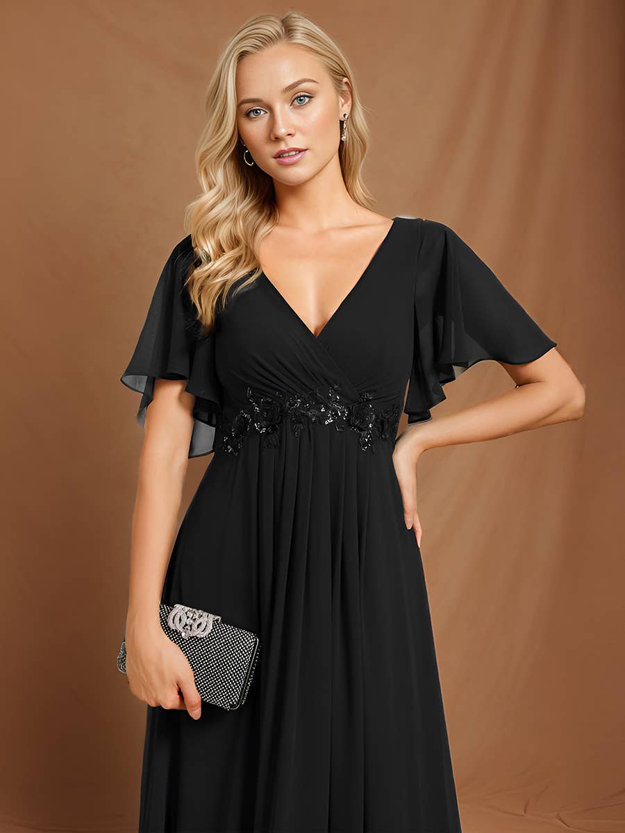 Ever-Pretty - V Neck Appliques Pleated Bridesmaid Dress: Dark Green / 24