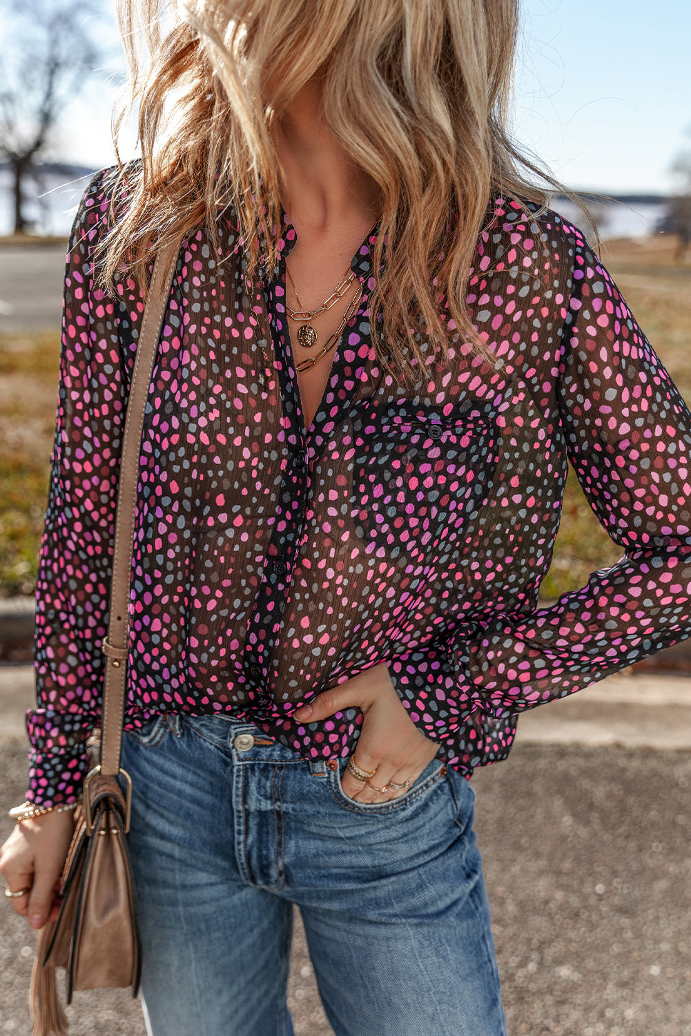 Grape Wine Polka Dot Print Buttoned Shirt