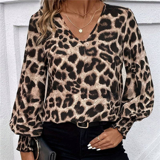 UZ Leopard V Neck Lantern Sleeve Shirt: COFFEE