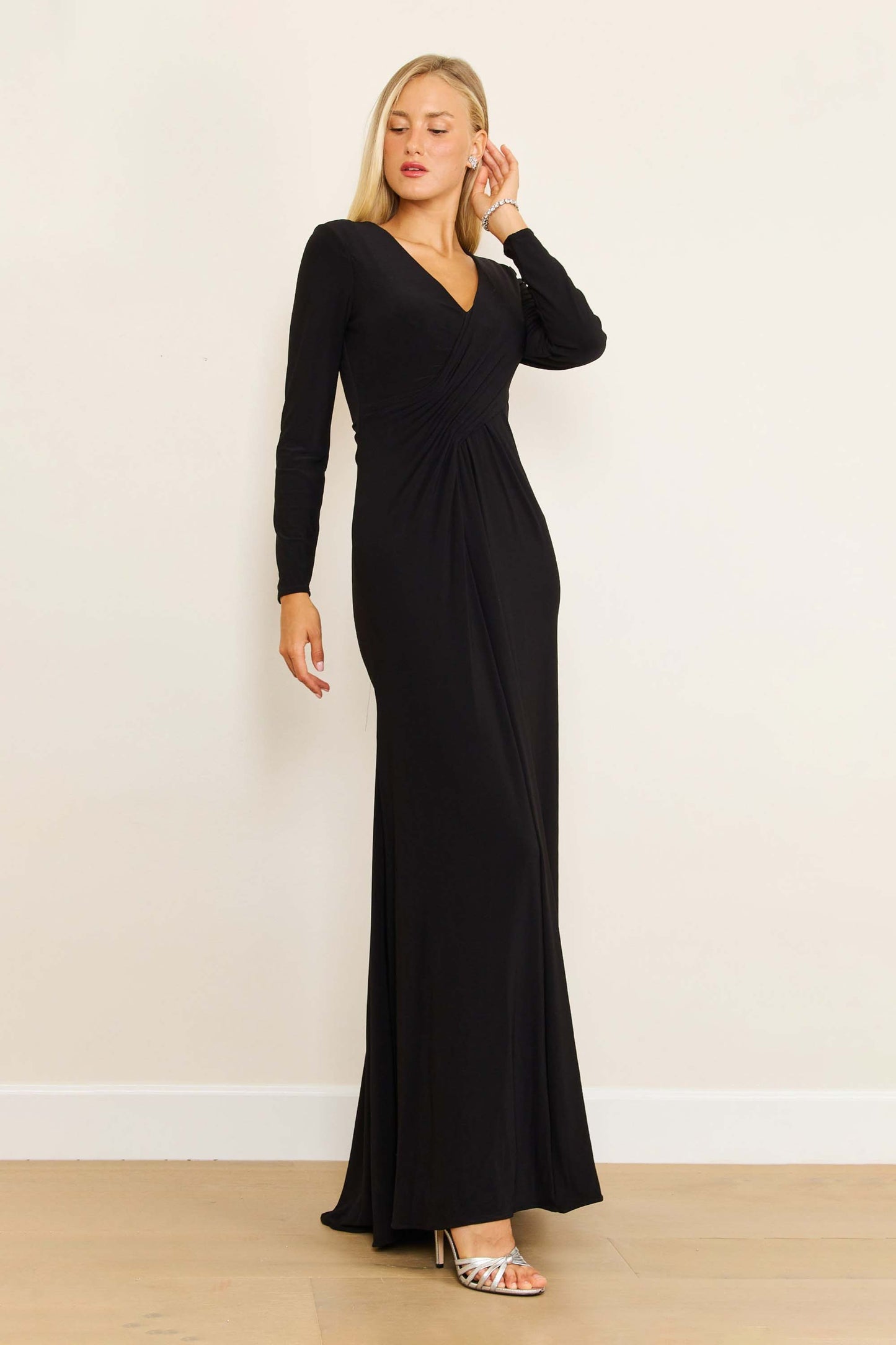 Kos Couture - Formal Stretch Evening Gown with Long Sleeves: Burgundy / XL