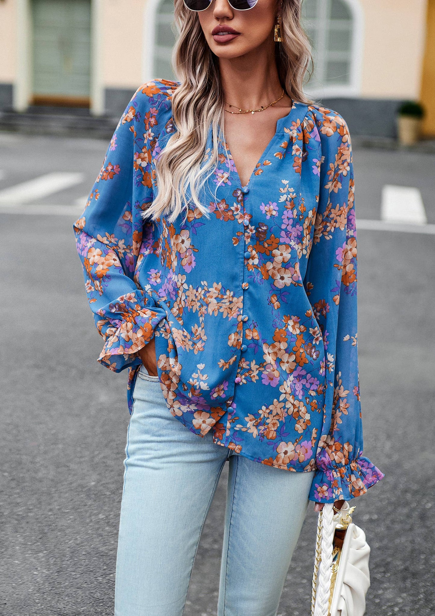 ePretty - Floral Button Down Long Sleeve Blouse SZ25-TP32012: Beige / XL
