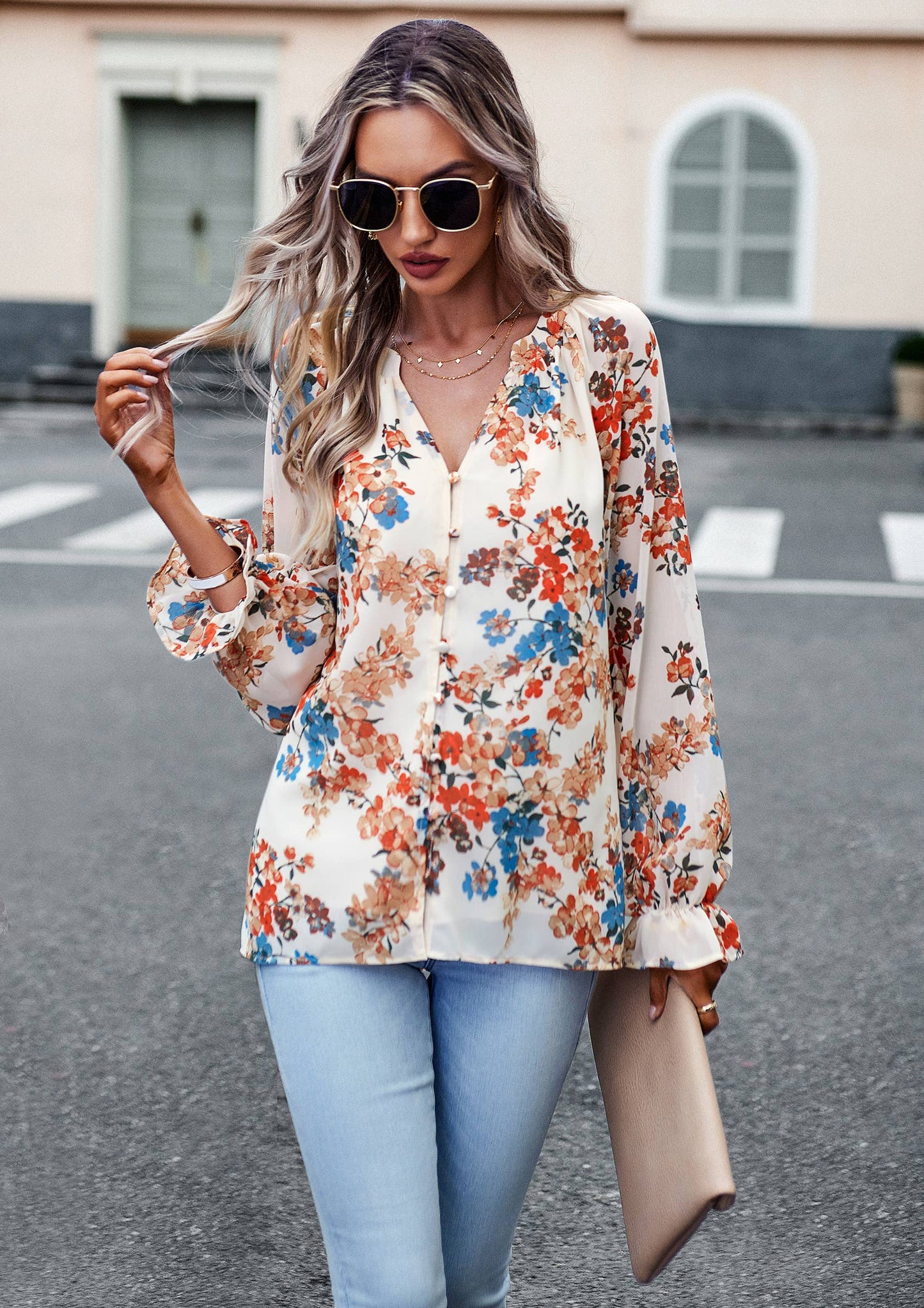 ePretty - Floral Button Down Long Sleeve Blouse SZ25-TP32012: Beige / L