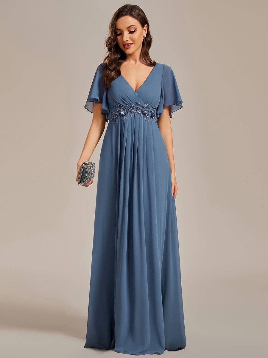 Ever-Pretty - V Neck Appliques Pleated Bridesmaid Dress: Dark Green / 24
