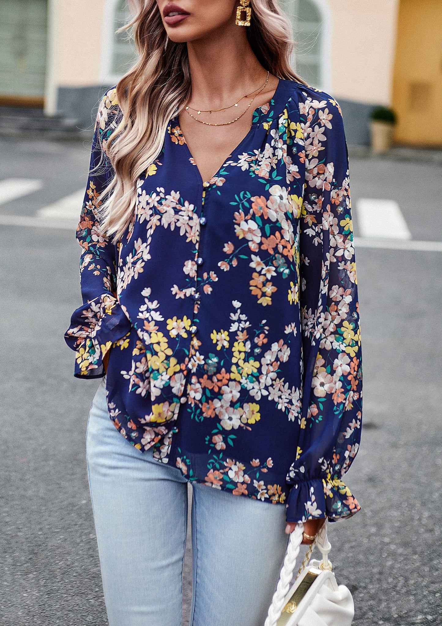 ePretty - Floral Button Down Long Sleeve Blouse SZ25-TP32012: Beige / XL