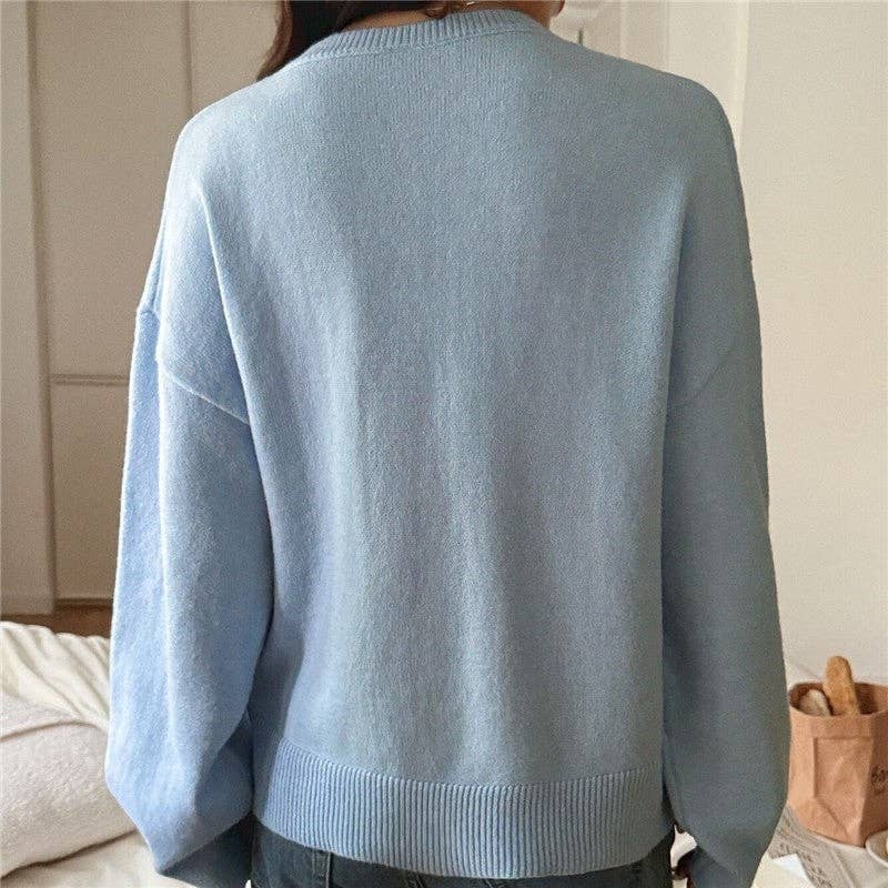 UZ V Neck Solid Color Long Sleeve Sweater: BABY BLUE