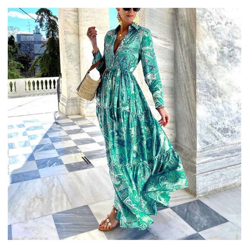 Legacy Stitchin' Elegant Lace-Up Maxi Dress with Printed Long Sleeves: BLUE / L